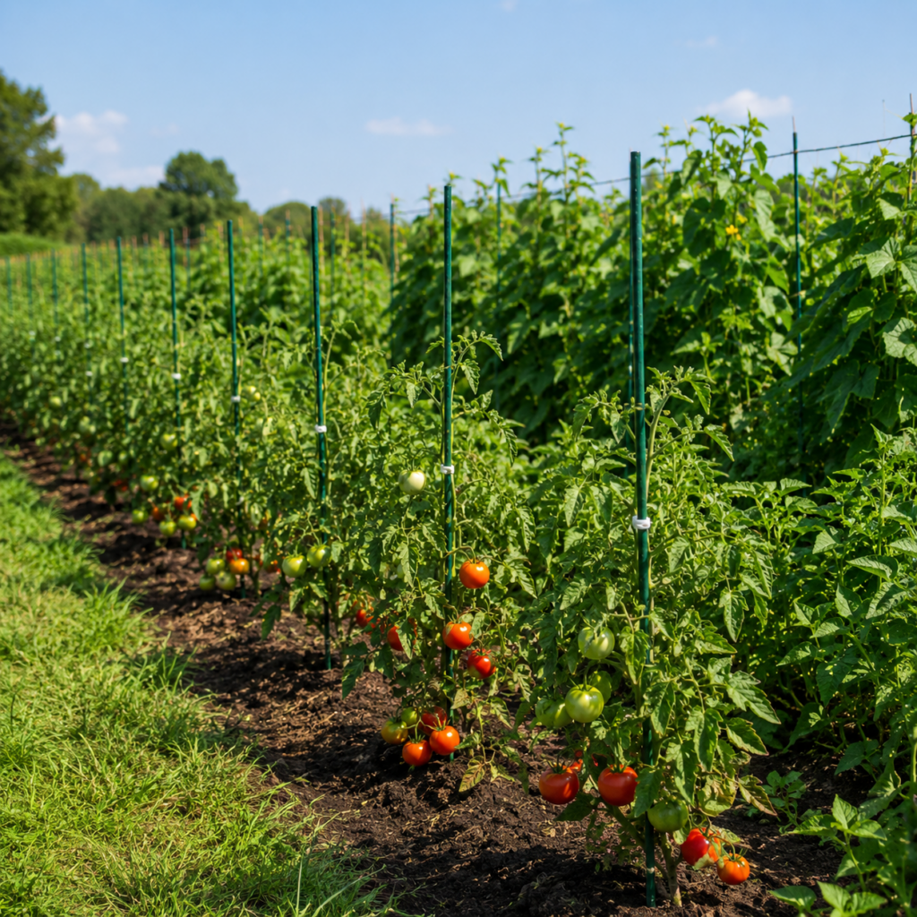 Campo agricolo con filari di pomodori sostenuti da tutori in vetroresina Ribio Stake